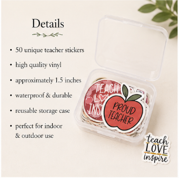 Teacher Sticker Pack | Set of 50 Vinyl Stickers with Storage Case