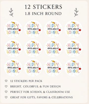 Happy First Day of School Sticker | Round | 12-Pack | 1.8 Inch