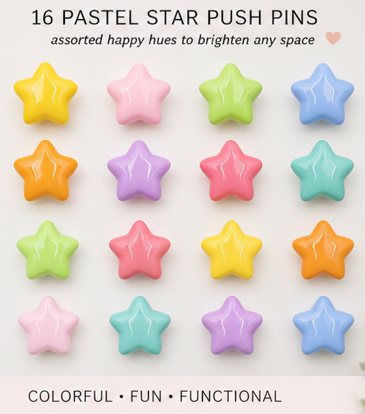 Pastel Star Push Pins – Set of 16 Colorful Stars