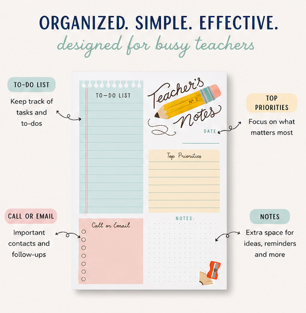 Teacher's Notes Planner Pad | Daily Desk Organizer for Teachers