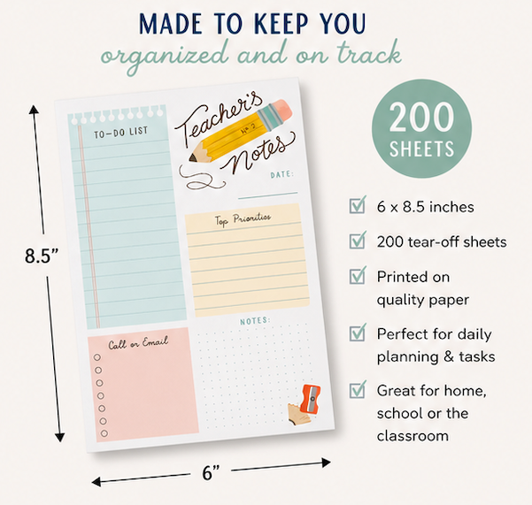 Teacher's Notes Planner Pad | Daily Desk Organizer for Teachers