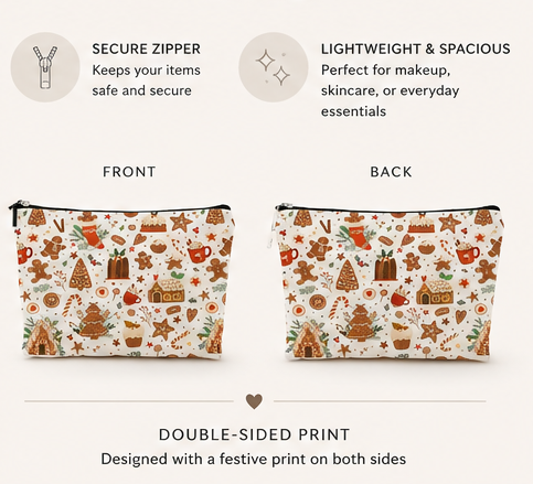 Holiday Gingerbread Makeup Bag | Christmas Cosmetic Bag, Toiletry Pouch & Travel Organizer