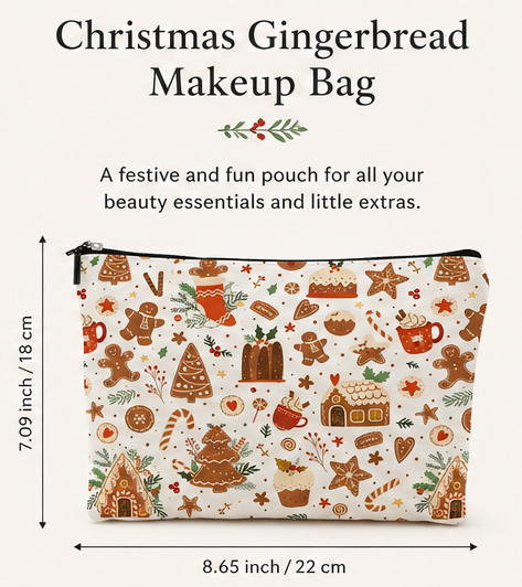 Holiday Gingerbread Makeup Bag | Christmas Cosmetic Bag, Toiletry Pouch & Travel Organizer