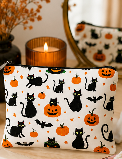 Black Cat & Pumpkin Toiletry Bag — Halloween Makeup Pouch & Travel Organizer