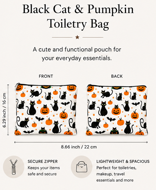 Black Cat & Pumpkin Toiletry Bag — Halloween Makeup Pouch & Travel Organizer