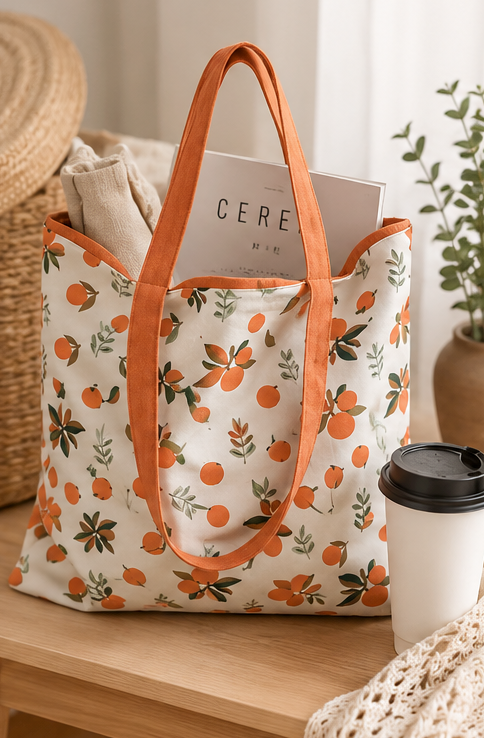 Orange Grove Reversible Canvas Tote Bag — Cotton Linen Shoulder Tote & Everyday Shopping Bag