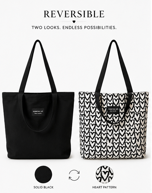 Reversible Black Hearts Tote Bag — Canvas Shoulder Tote for Work, Shopping & Everyday Carry