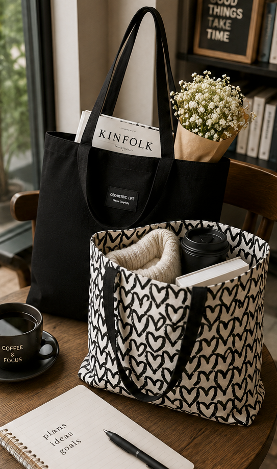 Reversible Black Hearts Tote Bag — Canvas Shoulder Tote for Work, Shopping & Everyday Carry