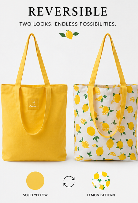 Reversible Lemon Tote Bag — Canvas Shoulder Tote for Shopping, Work & Everyday Carry