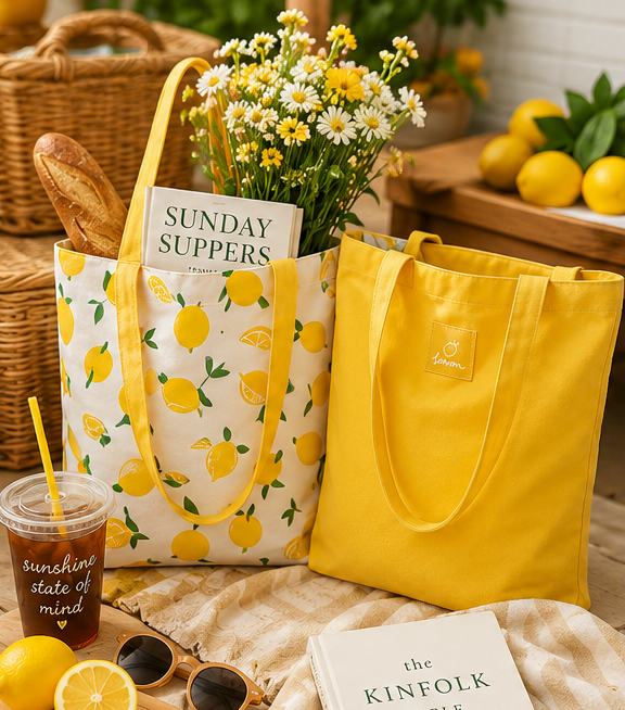Reversible Lemon Tote Bag — Canvas Shoulder Tote for Shopping, Work & Everyday Carry