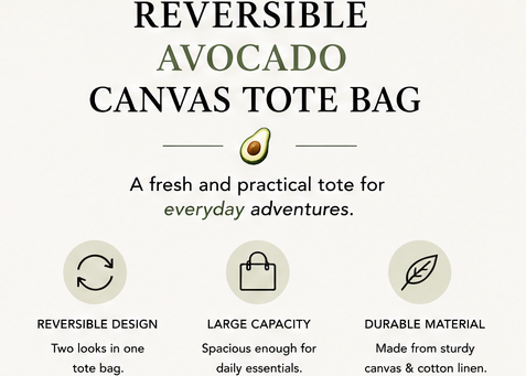 Reversible Avocado Tote Bag — Canvas Shoulder Tote for Shopping, Work & Everyday Carry