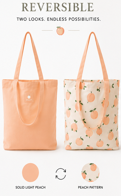 Reversible Peach Tote Bag — Canvas Shoulder Tote for Shopping, Work & Everyday Carry