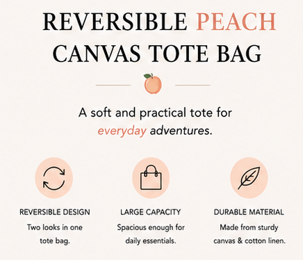 Reversible Peach Tote Bag — Canvas Shoulder Tote for Shopping, Work & Everyday Carry