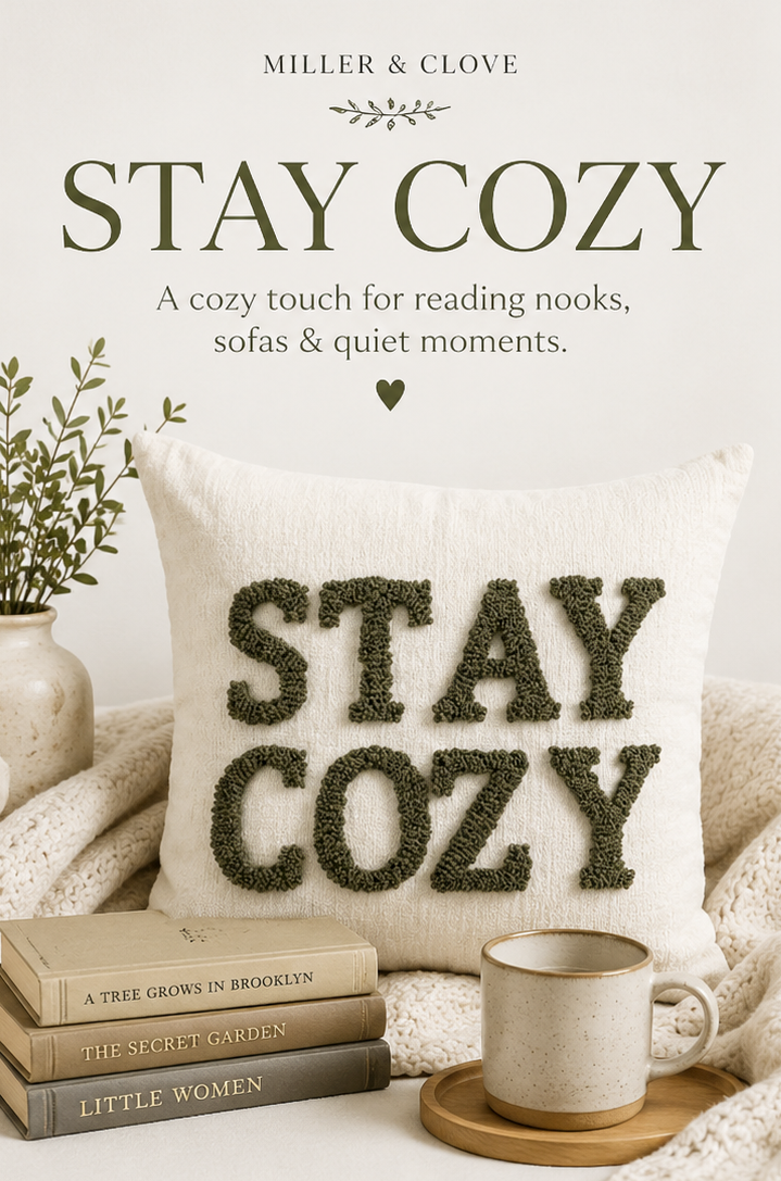Stay Cozy Embroidered Throw Pillow Cover | 18" x 18" Neutral Home Décor Accent