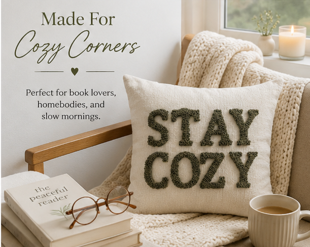Stay Cozy Embroidered Throw Pillow Cover | 18" x 18" Neutral Home Décor Accent
