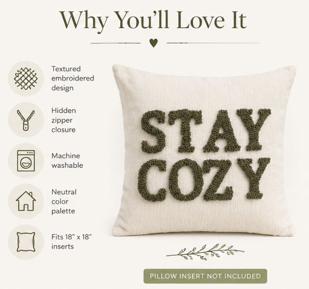 Stay Cozy Embroidered Throw Pillow Cover | 18" x 18" Neutral Home Décor Accent