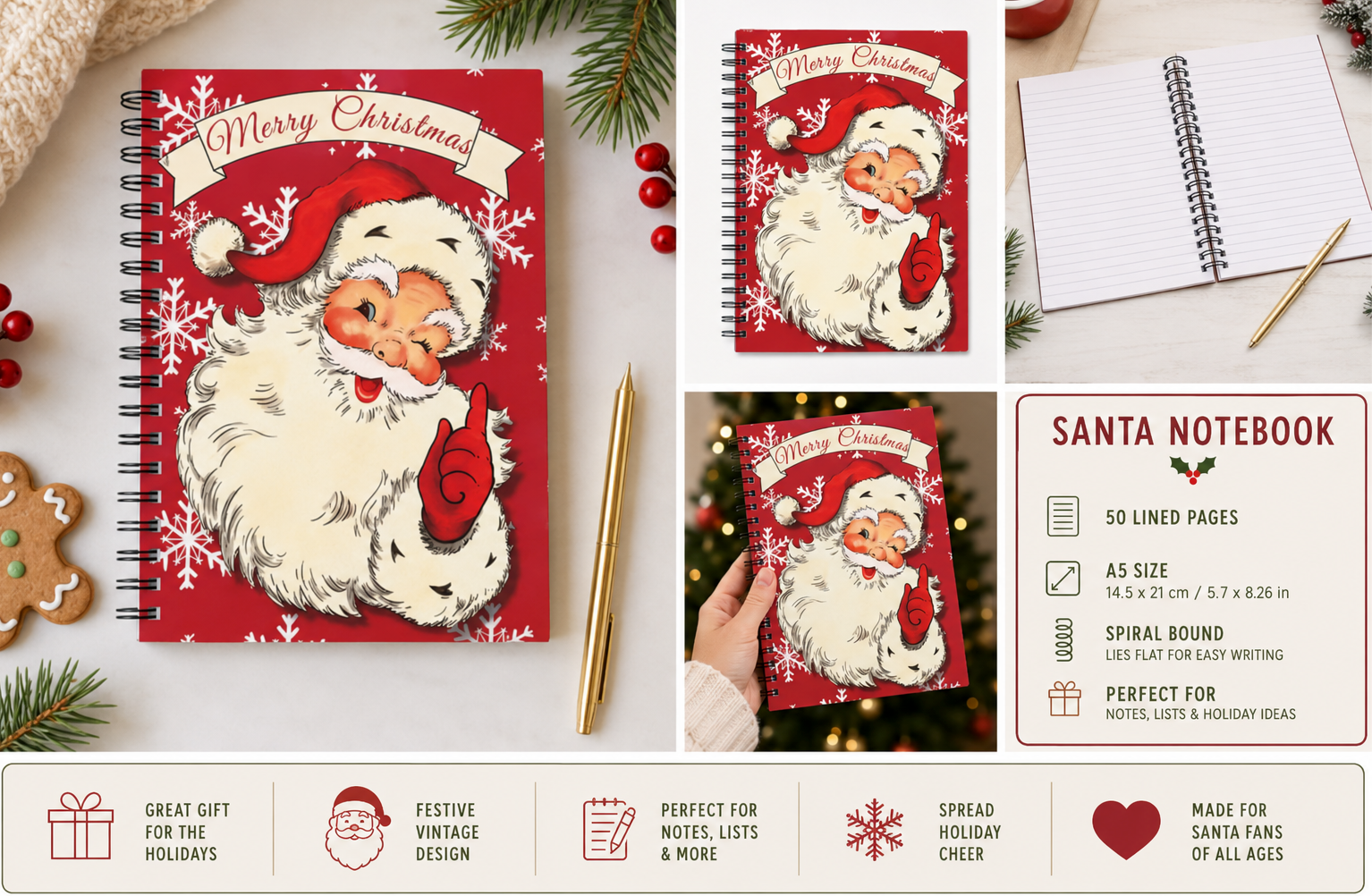 Vintage Santa Spiral Notebook | A5 Lined Journal | 50 Pages for Holiday Lists, Notes & Christmas Planning