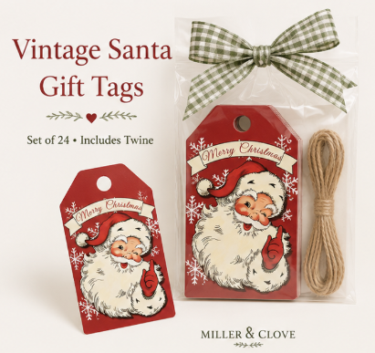 Vintage Santa Christmas Gift Tags | Set of 24 Holiday Tags with Twine