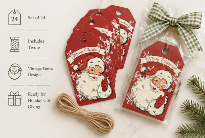 Vintage Santa Christmas Gift Tags | Set of 24 Holiday Tags with Twine