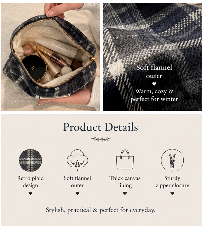 Cozy Plaid Bag | Soft Flannel Pouch with Canvas Lining
