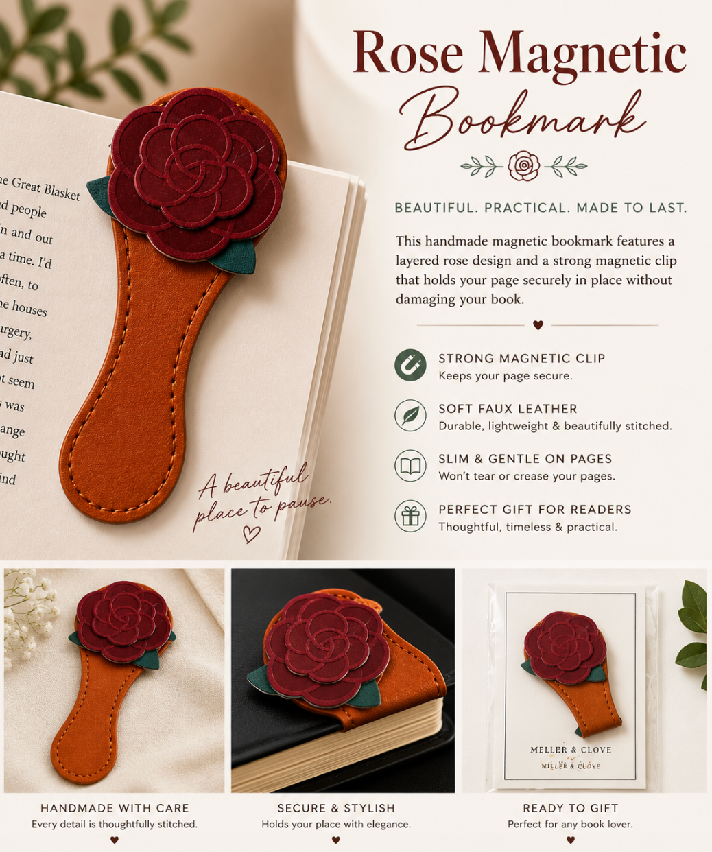 Rose Magnetic Faux Leather Bookmark