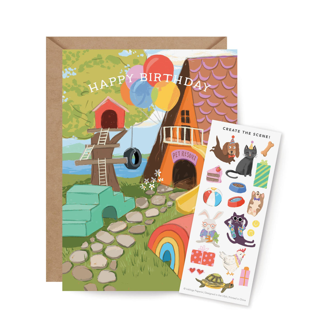 Pet Resort Birthday Sticker Scene Card