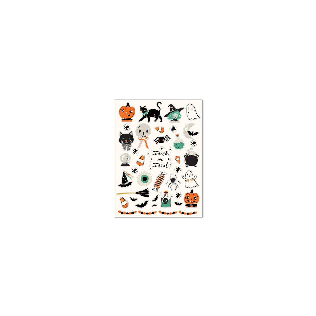 A sheet of Halloween-themed stickers featuring cute illustrations of pumpkins, cats, ghosts, bats, cauldrons, candy corn, and the words 'Trick or Treat' on an off-white background.
