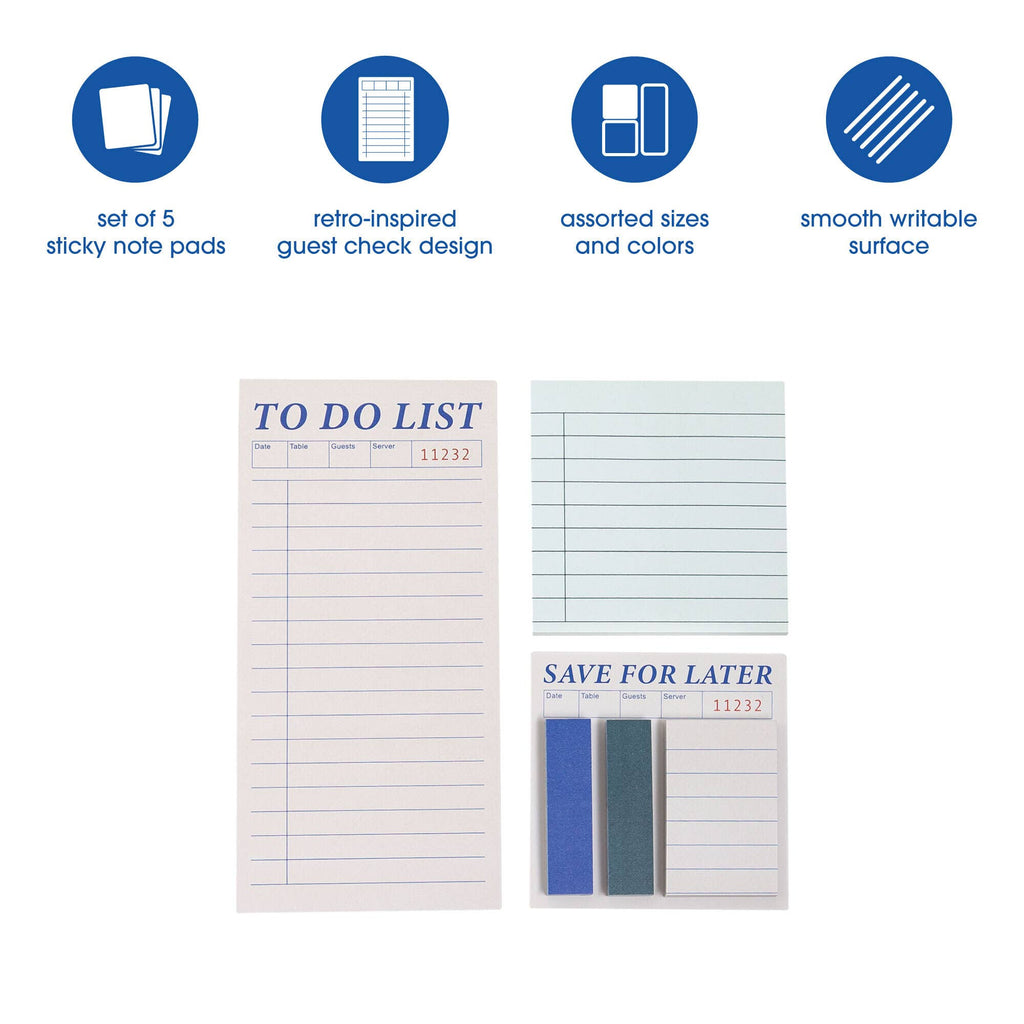 A set of sticky note pads shown on a white background with four blue circular feature icons at the top. The note pads include a to-do list pad, a blank lined pad, and a save for later pad with blue and gray tabs.