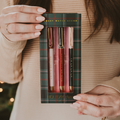Person holding a set of pens in a plaid box with a blurred background