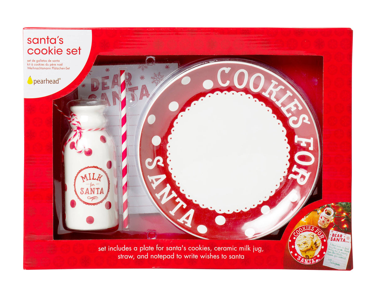 Santa's cookie set with plate and milk jug in red packaging
