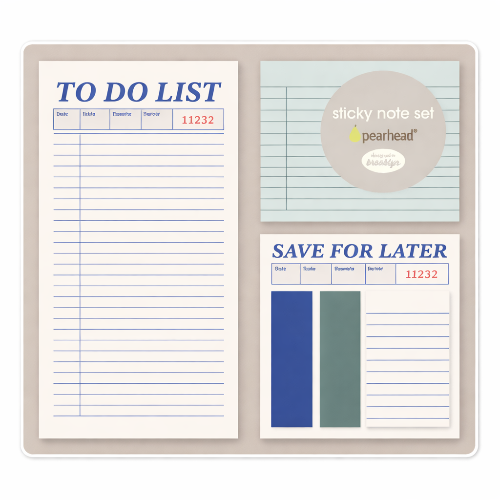 A set of three pastel-colored sticky note pads with lined pages and blue headers, including a 'TO DO LIST' pad, a circular 'sticky note set' branded note, and a 'SAVE FOR LATER' pad, arranged on a neutral background.