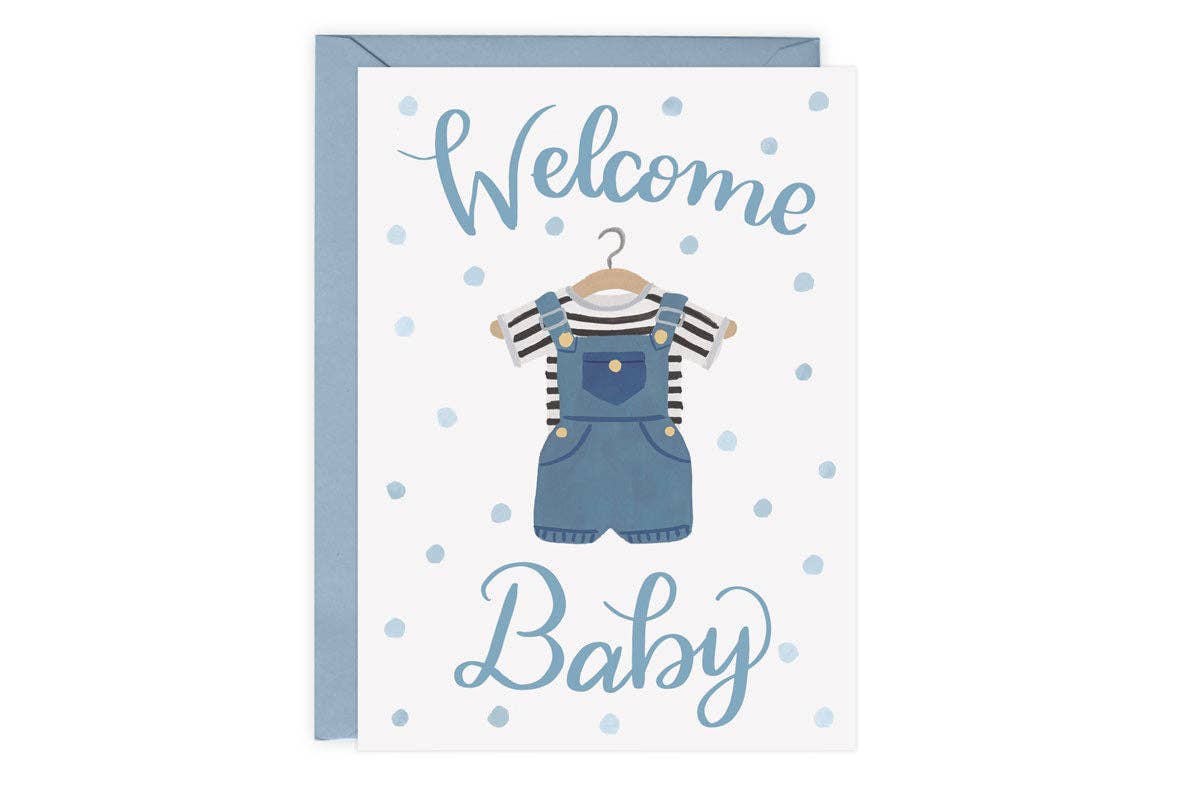 Welcome Baby - Card: Boy Overalls + Blue Envelope