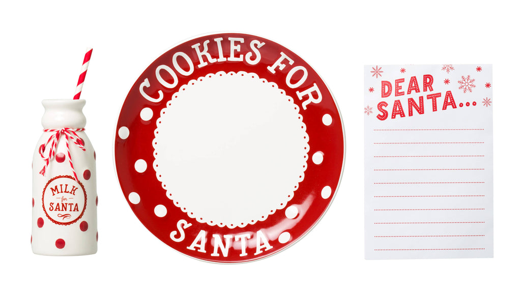Set of Christmas-themed items including a milk bottle, plate, and notepad on a white background