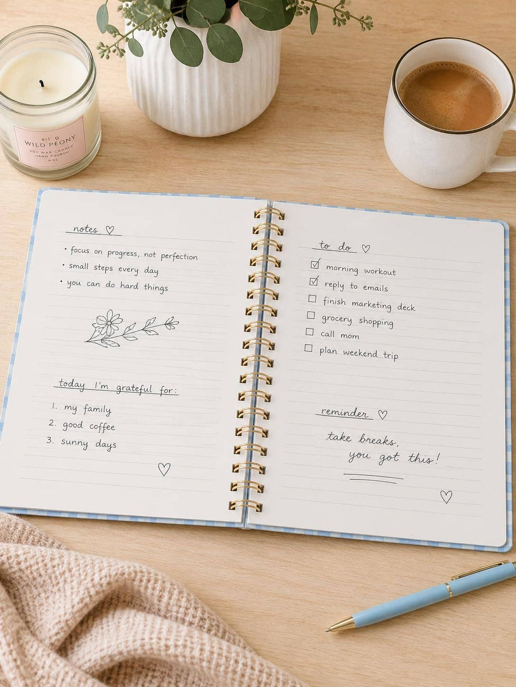 Blue Gingham Spiral Notebook | Hardcover Journal with Gold Coil, 200 Pages, 8x10.5"