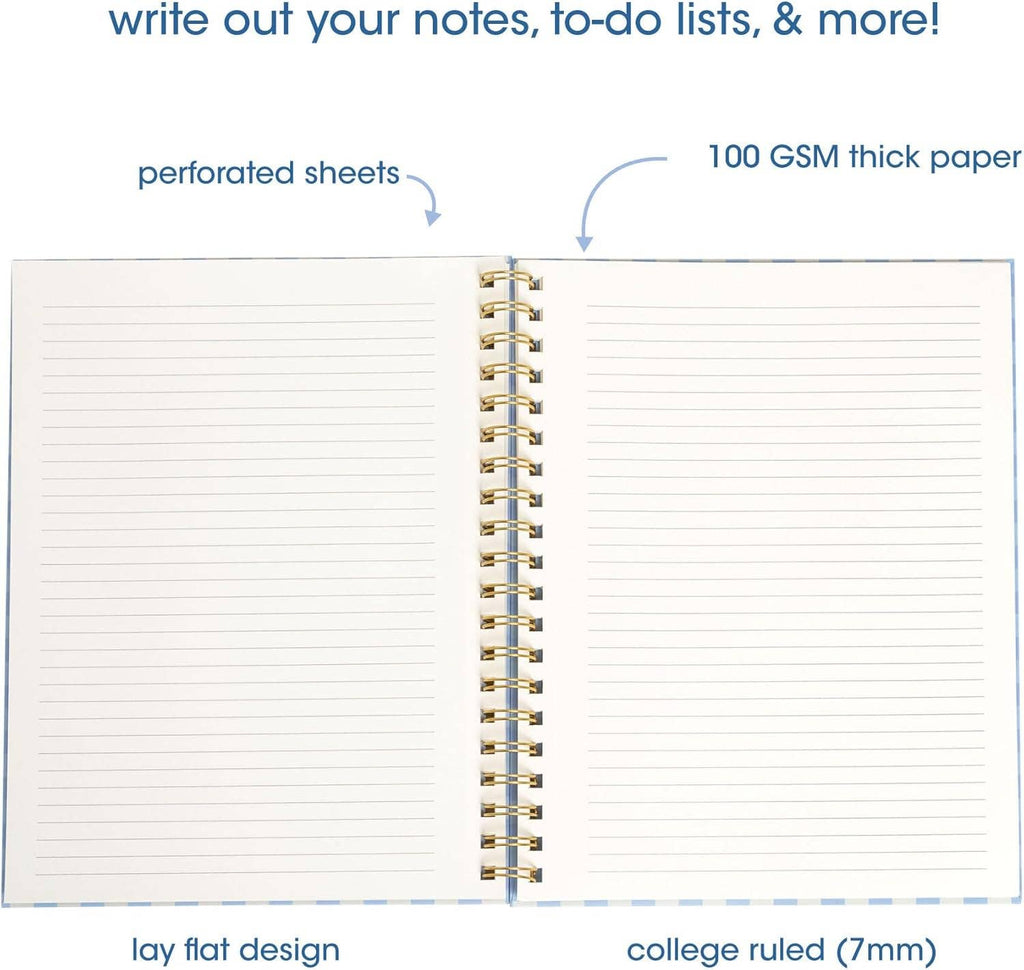 Blue Gingham Spiral Notebook | Hardcover Journal with Gold Coil, 200 Pages, 8x10.5"