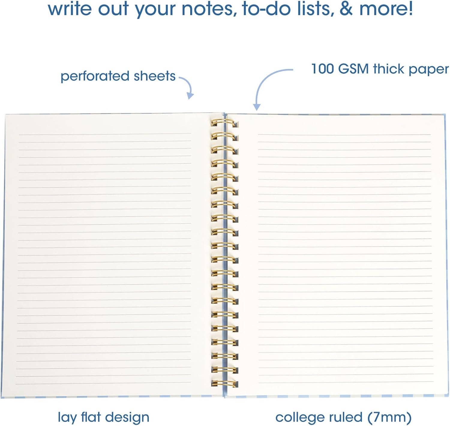 Blue Gingham Spiral Notebook | Hardcover Journal with Gold Coil, 200 Pages, 8x10.5"