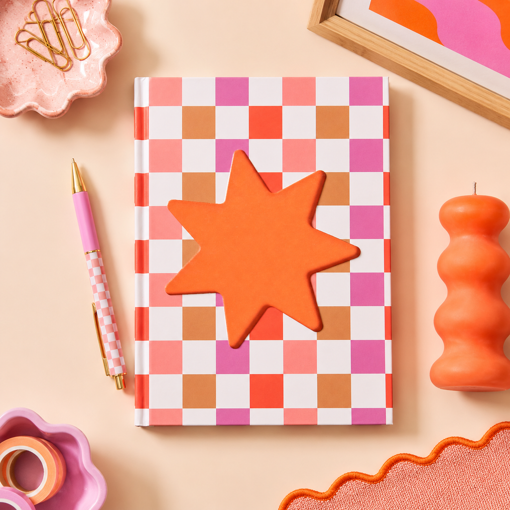Checkered Star Pink & Orange Hardcover Journal Notebook 6x8