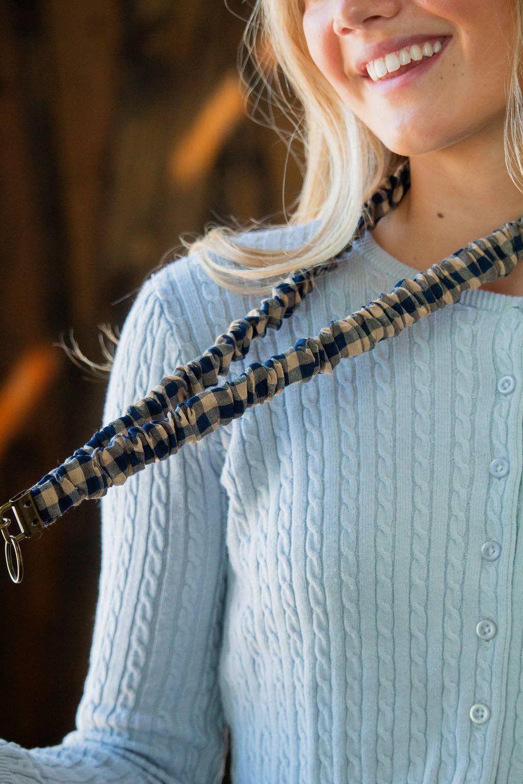 Navy Dreams Gingham Lanyard | Navy & Tan Plaid ID Badge Holder