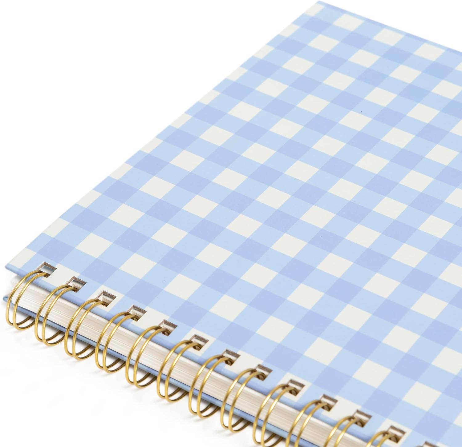 Blue Gingham Spiral Notebook | Hardcover Journal with Gold Coil, 200 Pages, 8x10.5"