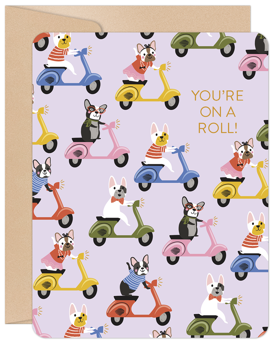 You're on a Roll Dogs on Colorful Scooters Birthday Card