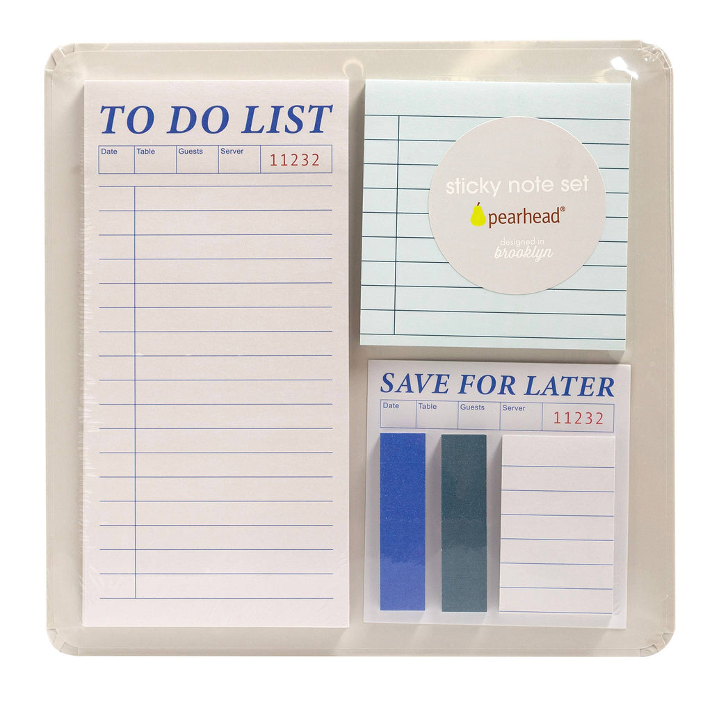 A Pearhead sticky note set in a clear plastic sleeve, featuring a white to-do list pad, a lined sticky note pad with a circular logo sticker, and a save for later pad with two blue sticky notes.