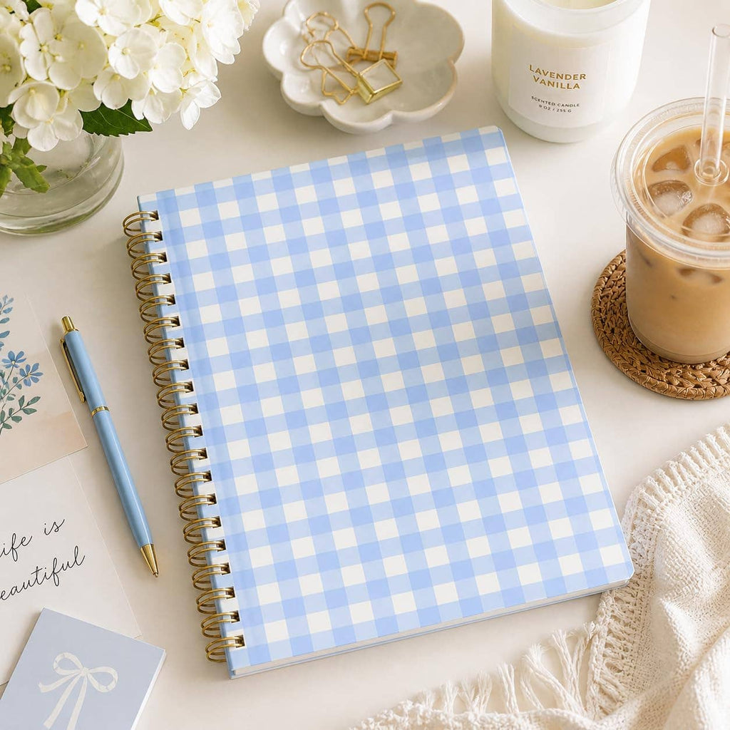 Blue Gingham Spiral Notebook | Hardcover Journal with Gold Coil, 200 Pages, 8x10.5"