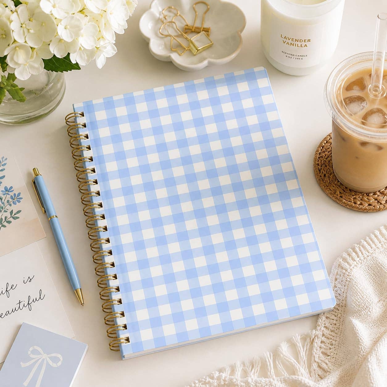 Blue Gingham Spiral Notebook | Hardcover Journal with Gold Coil, 200 Pages, 8x10.5"