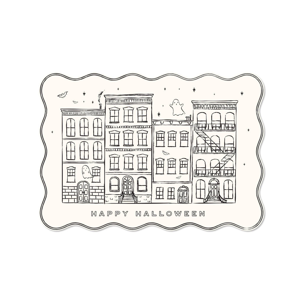 A rectangular Halloween greeting card or print with a scalloped border, featuring black line drawings of city buildings, ghosts, bats, stars, and the text 'HAPPY HALLOWEEN' on an off-white background.