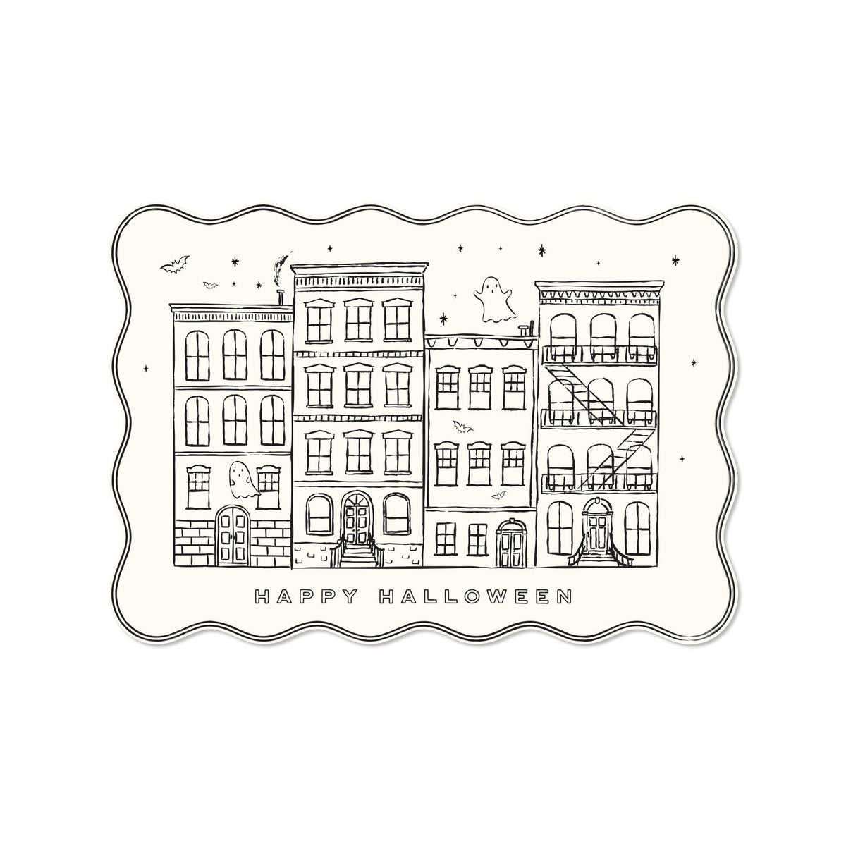 A rectangular Halloween greeting card or print with a scalloped border, featuring black line drawings of city buildings, ghosts, bats, stars, and the text 'HAPPY HALLOWEEN' on an off-white background.