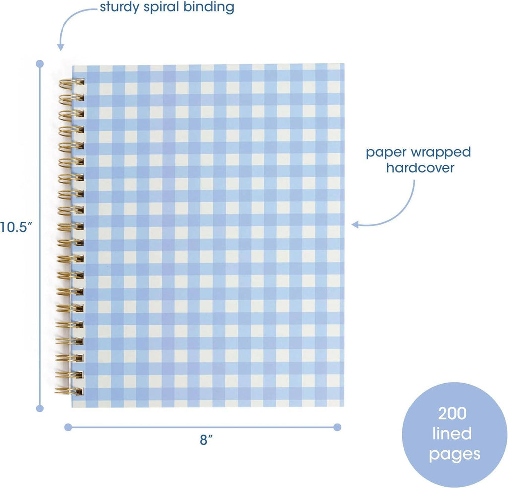 Blue Gingham Spiral Notebook | Hardcover Journal with Gold Coil, 200 Pages, 8x10.5"