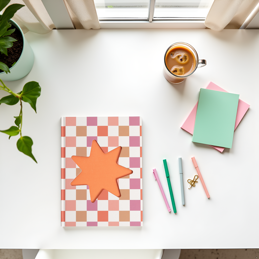 Checkered Star Pink & Orange Hardcover Journal Notebook 6x8
