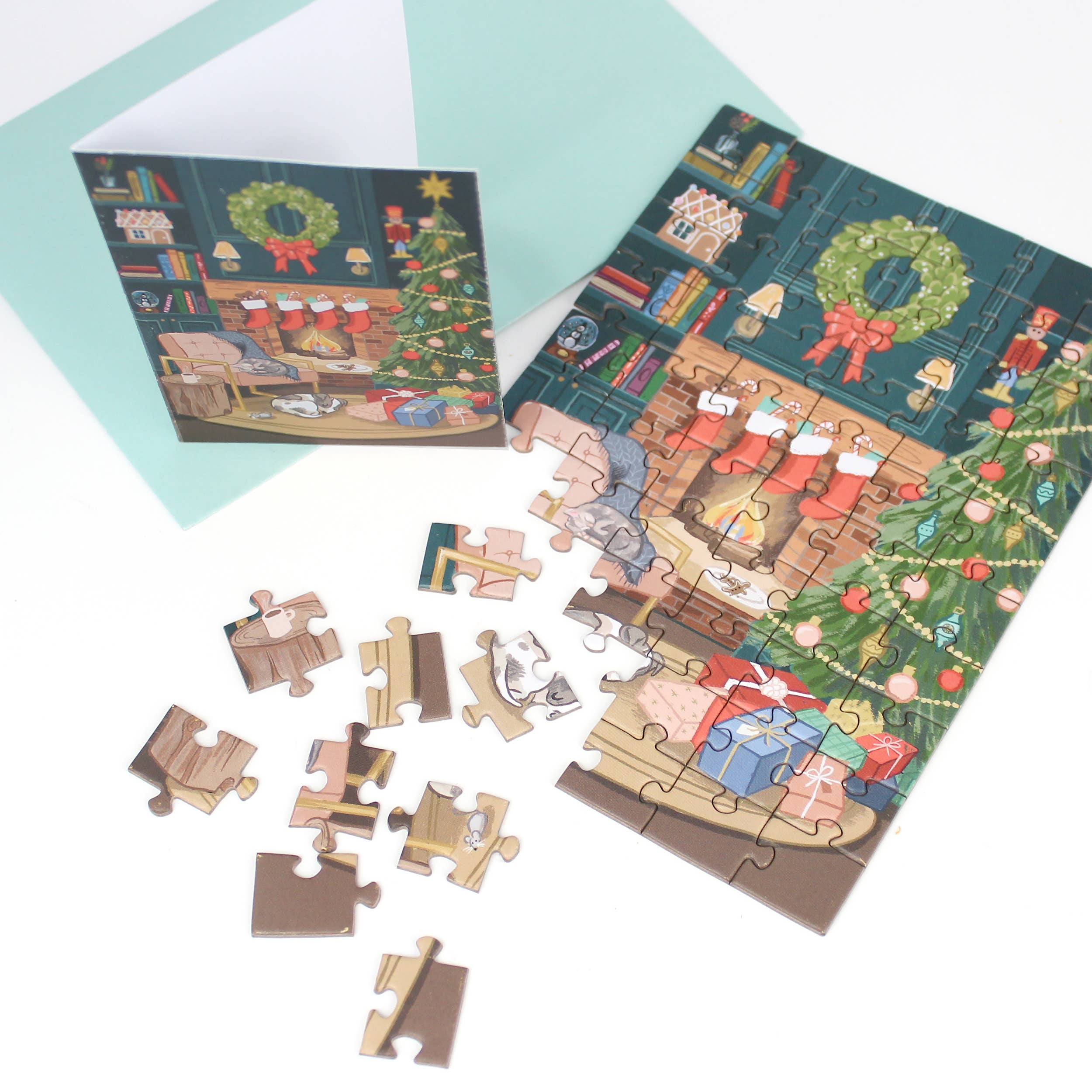 Puzzle Greeting Card – Cozy Fireplace Scene